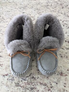 Gray Suede Shearling Moccasin Slippers with Leather Bow